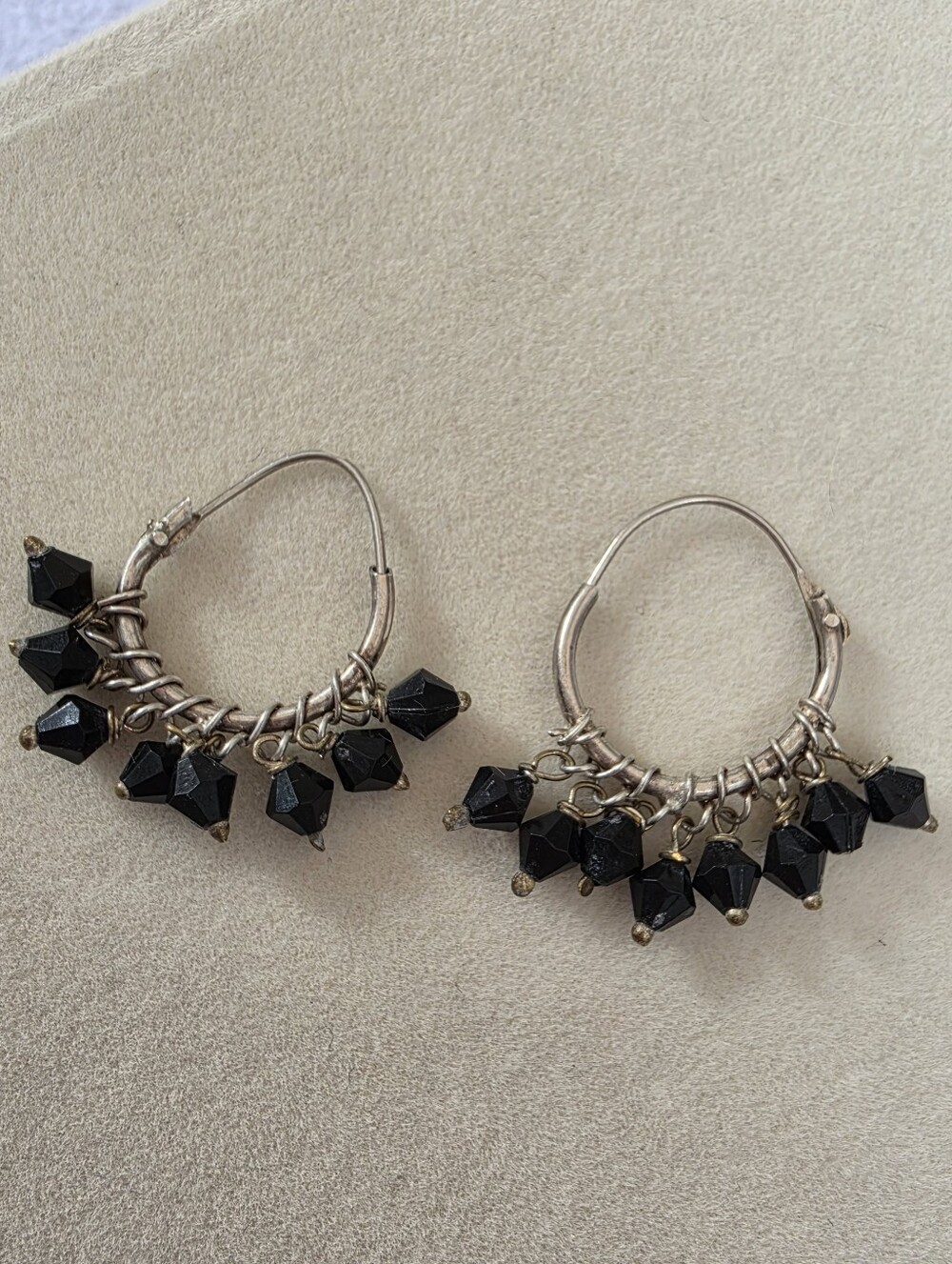 Sterling Silver Hoop Earrings with Black Bead Charms • 1.71g